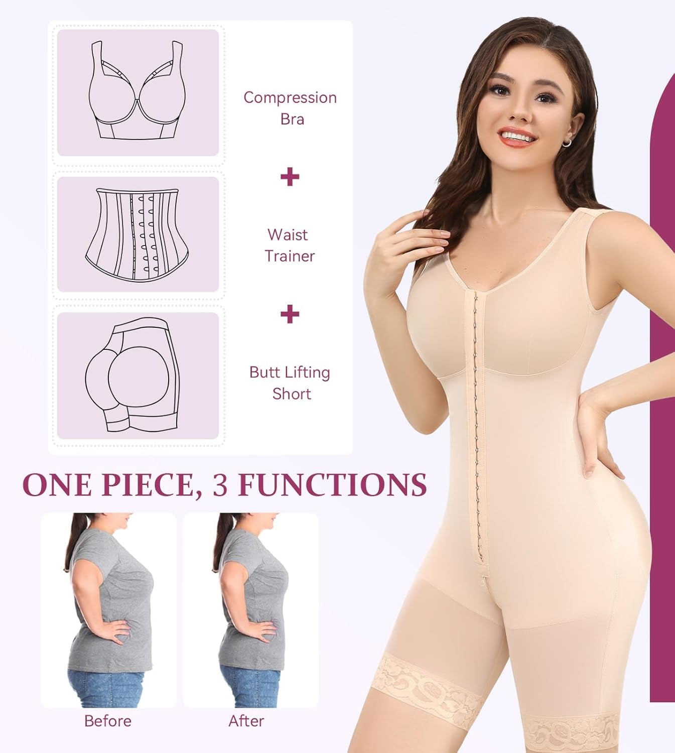 Fajas Colombianas Shapewear for Women Tummy Control Bodysuit Body Shaper for Women Post Surgery Compression
