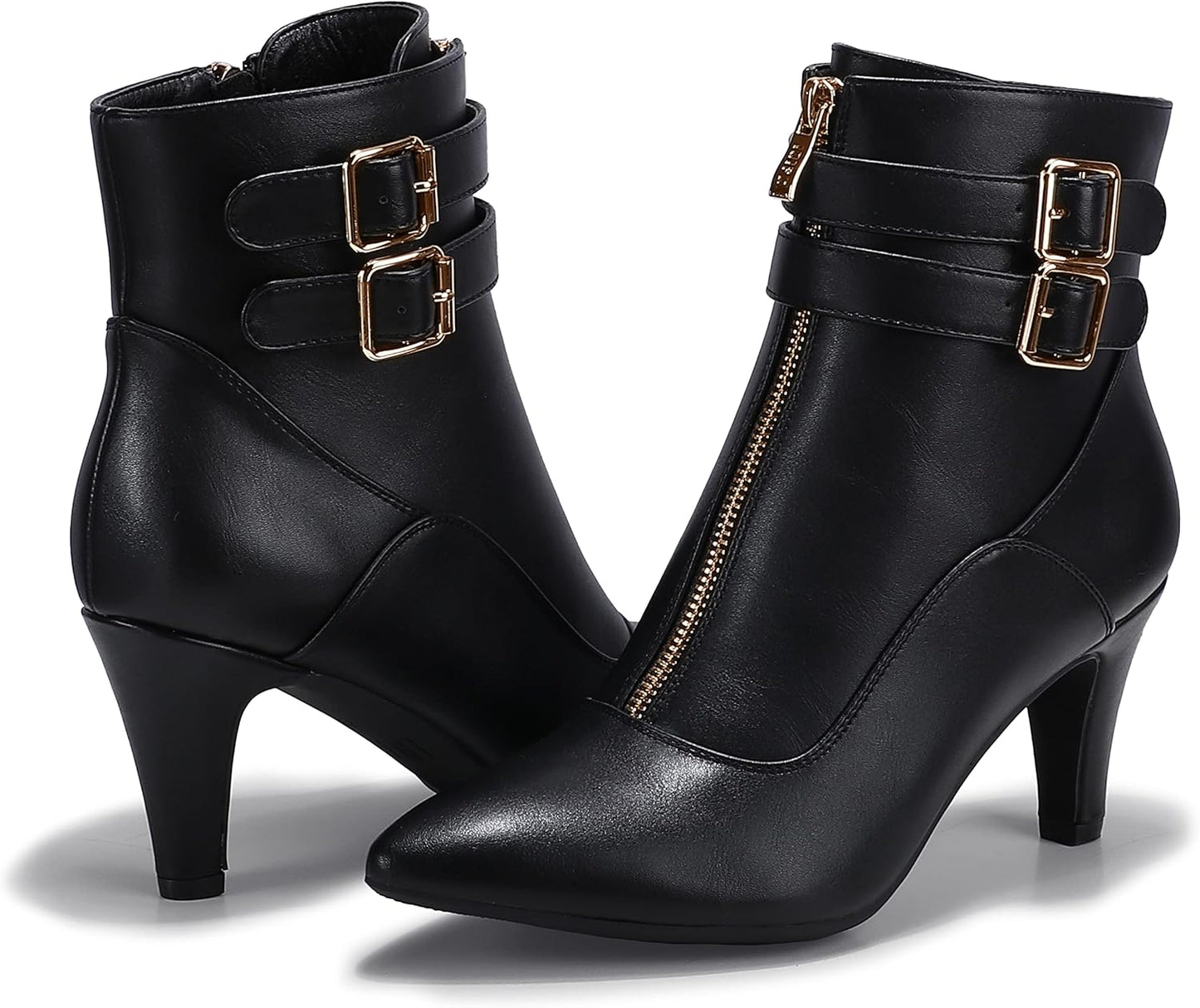 Women's Classic Short Ankle Booties with Pointed Toe, Metal Buckle, Two Straps, and Side Zipper in Kitten Heel Design