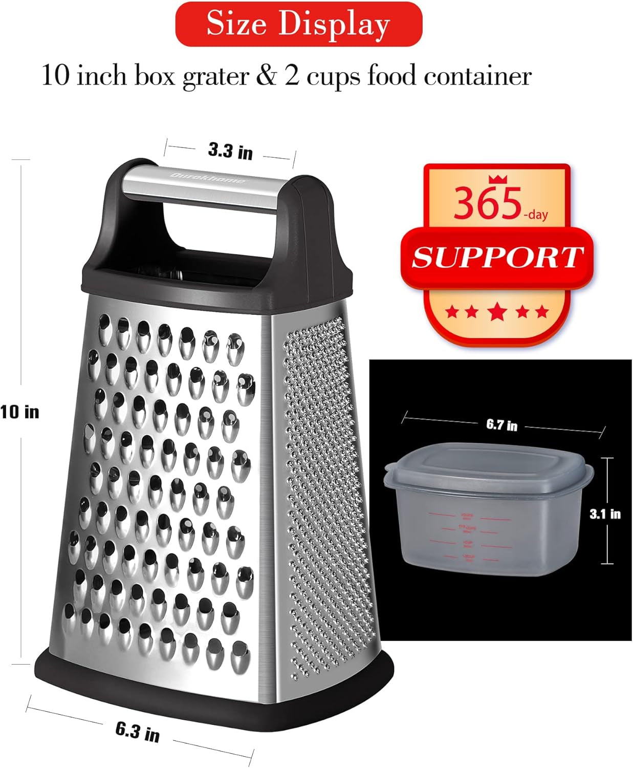 Professional Stainless Steel Box Grater with Handle - 4-Sided Vegetable Shredder and Slicer with Container for Parmesan, Cabbage, Ginger, Lemon, Chocolate, and Coconut (Black)
