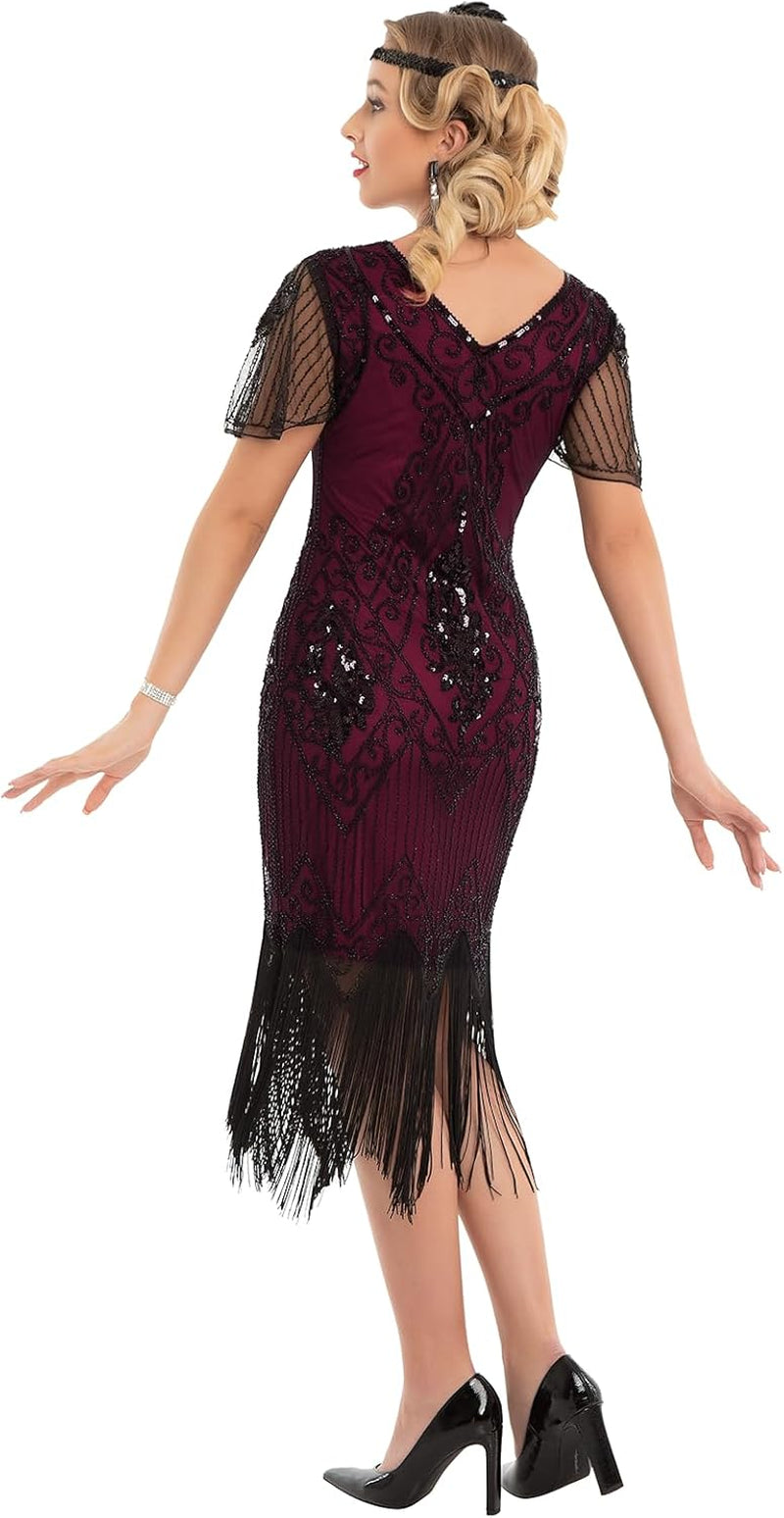 Women's 1920s Sequin Art Deco Flapper Dress with Sleeves