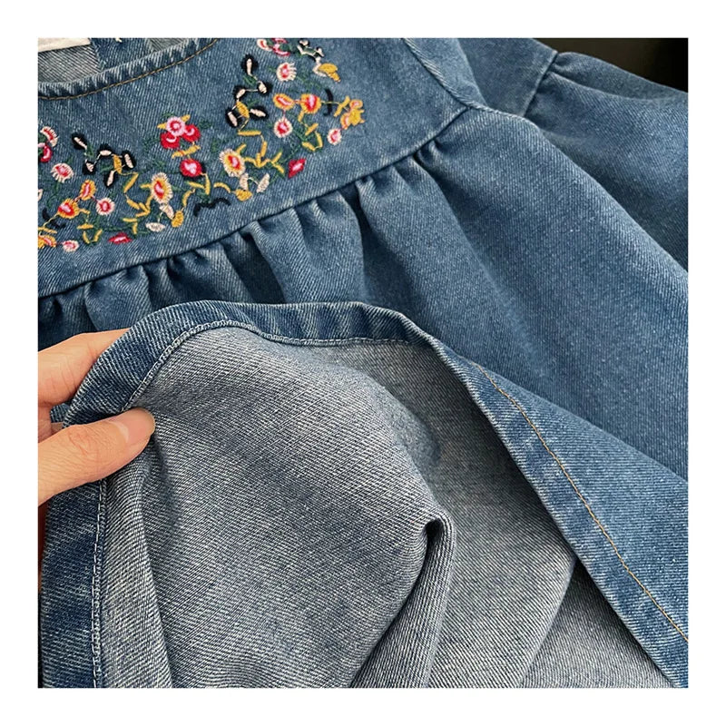 Kids Clothing Spring And Autumnr Round Neck Floral Embroidered Long Sleeve Denim dress Girls Dress Princess Dress