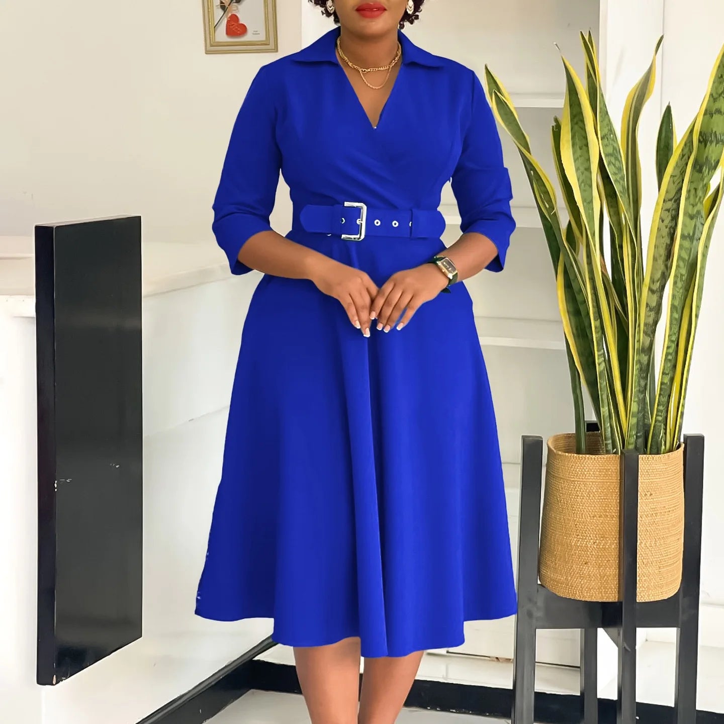 Fashion Office Dresses for Women Turn Down Collar V Neck Belt Waisted Pleated Mid Calf Elegant African Business Work Dress Cloth