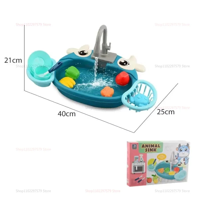 Kids Play Kitchen Set Simulated Dishwasher Sink Hand Basin with Electric Circulating Water Toys for Boys Girls Pretend Role Play