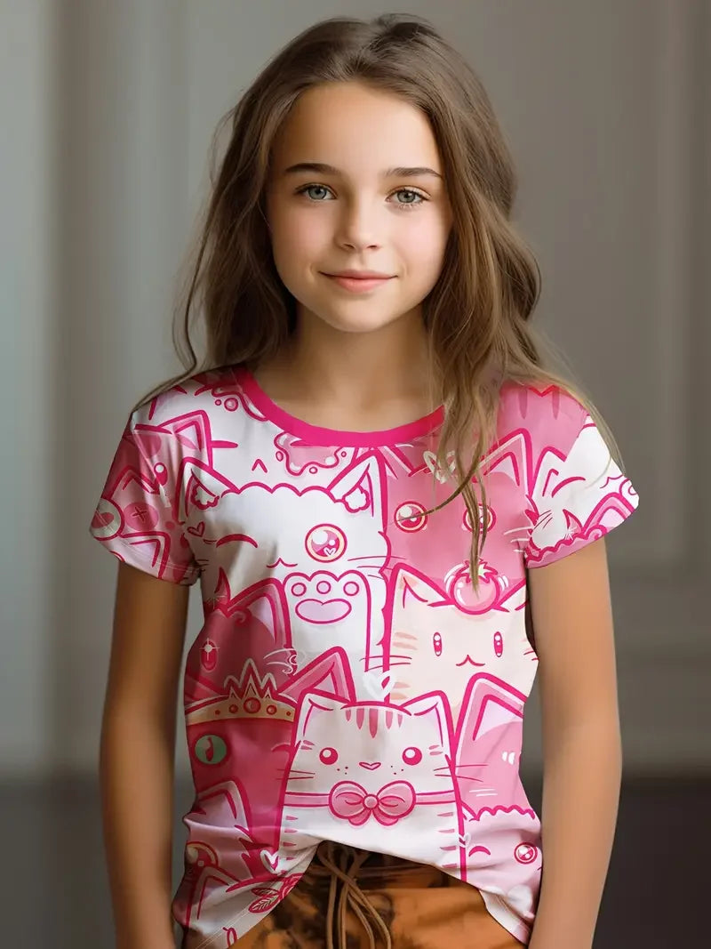 Kids Clothes Children's T-Shirt Girl Short Sleeve Top Cartoon Cat Kawaii Girls Summer Clothes Child T-Shirt Children's Clothing