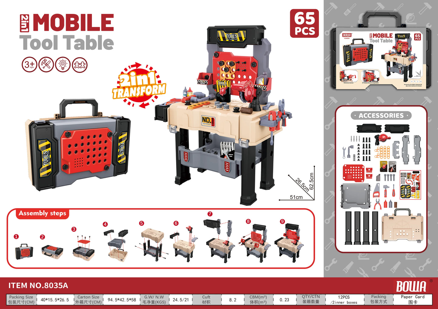 Kids Tool Bench, Realistic, Transformable Tool Set, Toddler Bench Pretend Play Learning Gift for Boys & Girls Age 3-5