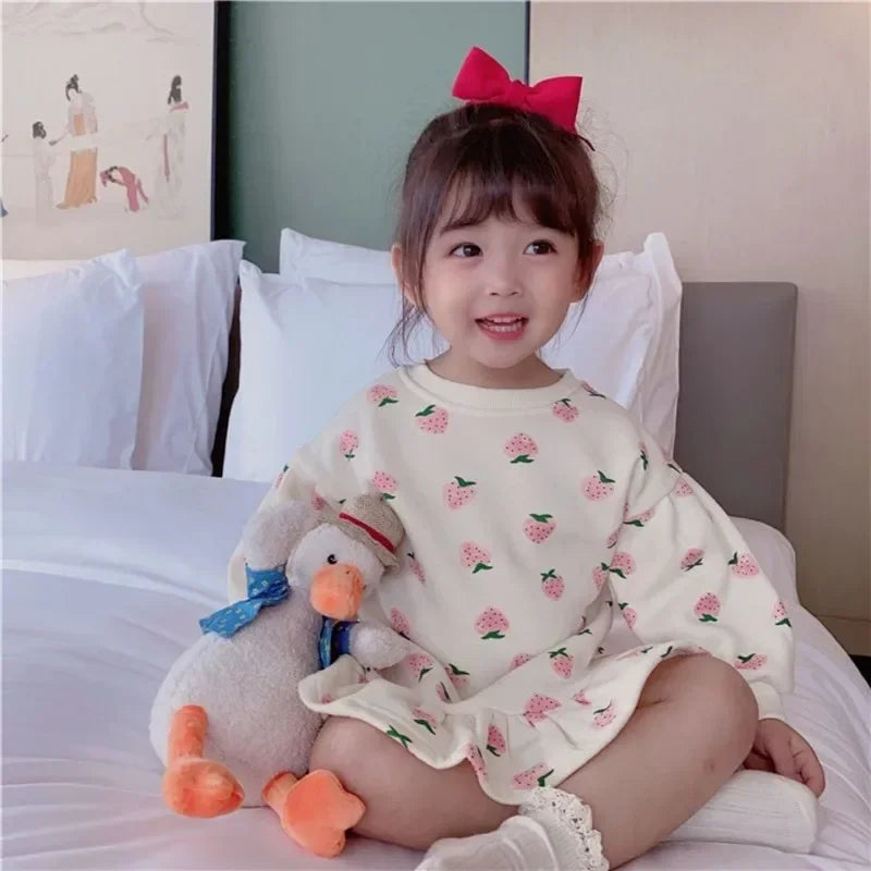 Girls' Dress Cartoon Strawberries Autumn New Korean Girls' Splicing Pleated Dress Printed Baby Kids Casual Clothes