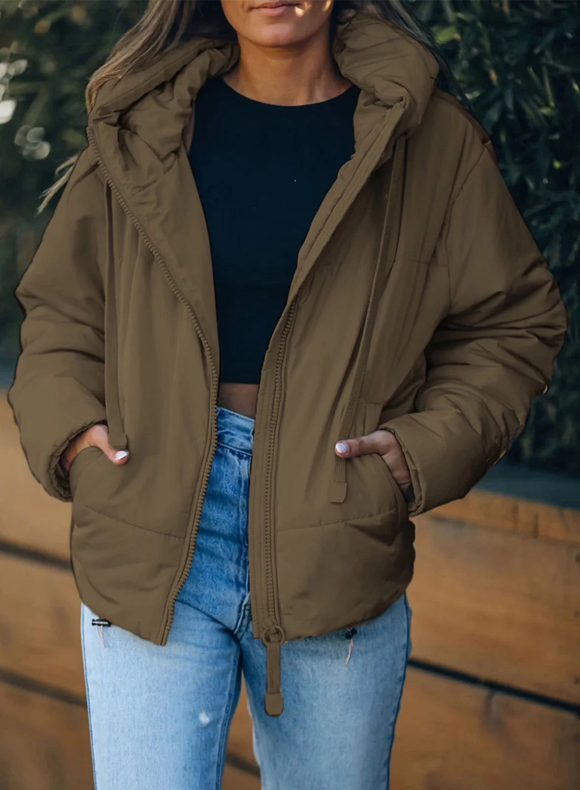 Women's Petite Hooded Puffer Jacket with Full Zipper and Pockets - Stylish & Cozy Short Coat