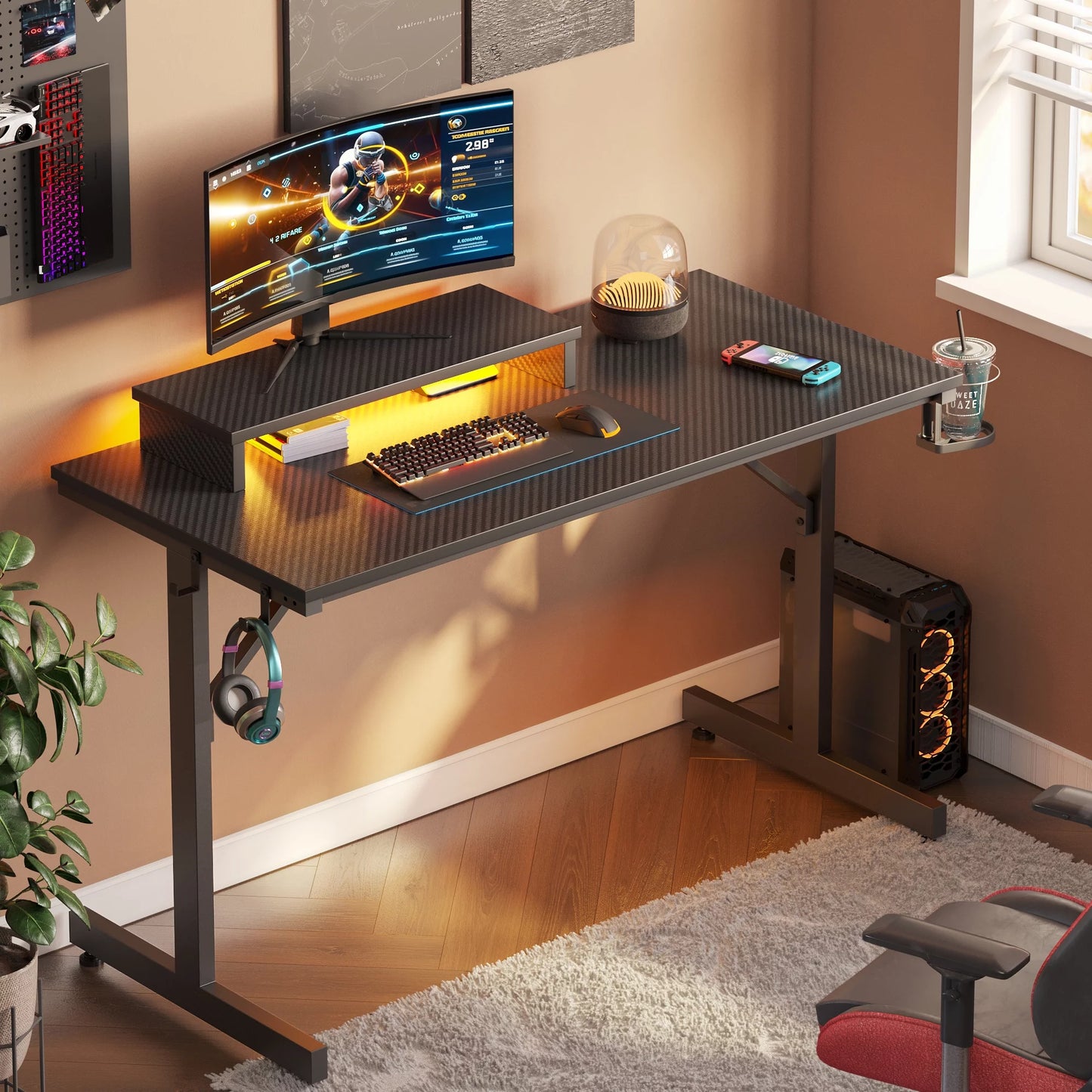 42" Gaming Desk with LED Lights, Monitor Stand, Headphone Hook & Cup Holder - Carbon Fiber Black