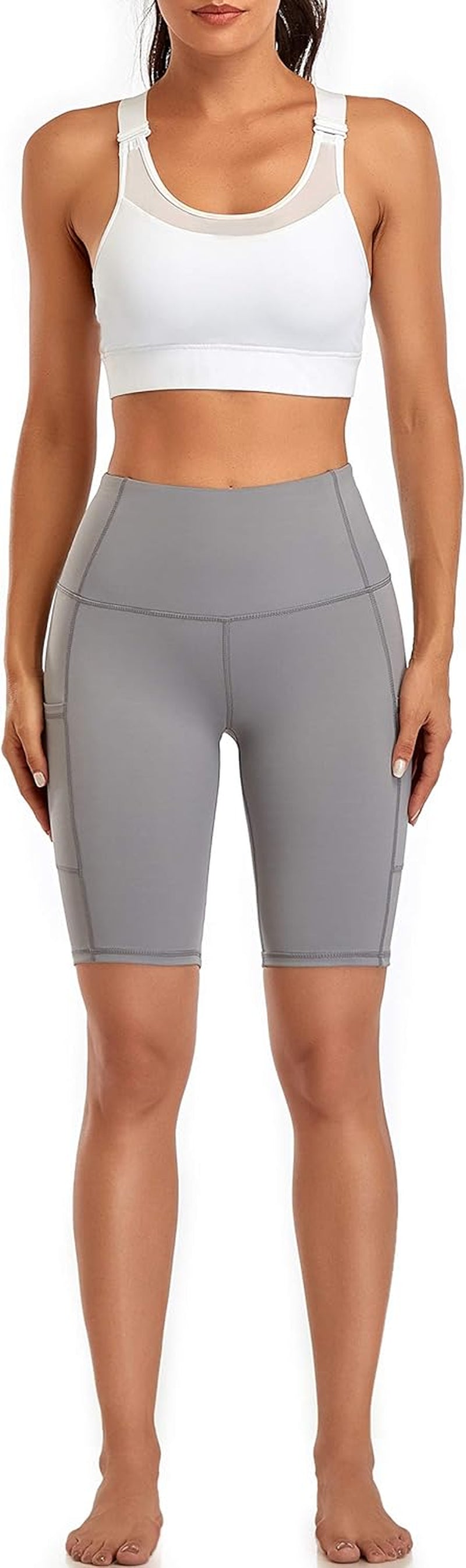 Women'S Short Yoga Side Pockets High Waist Workout Running Shorts Light Grey XS