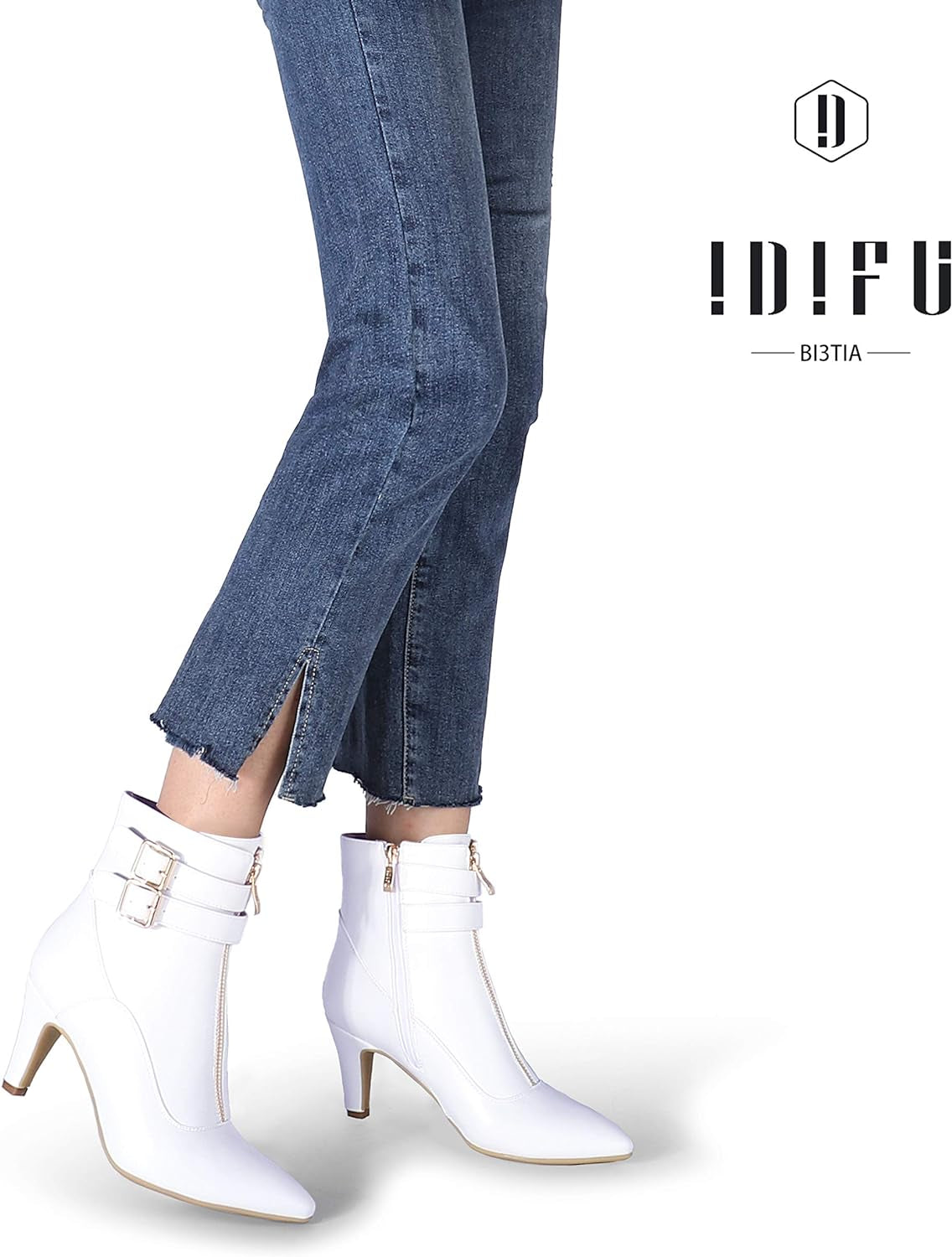 Women's Classic Short Ankle Booties with Pointed Toe, Metal Buckle, and Side Zipper in Kitten Heel Design