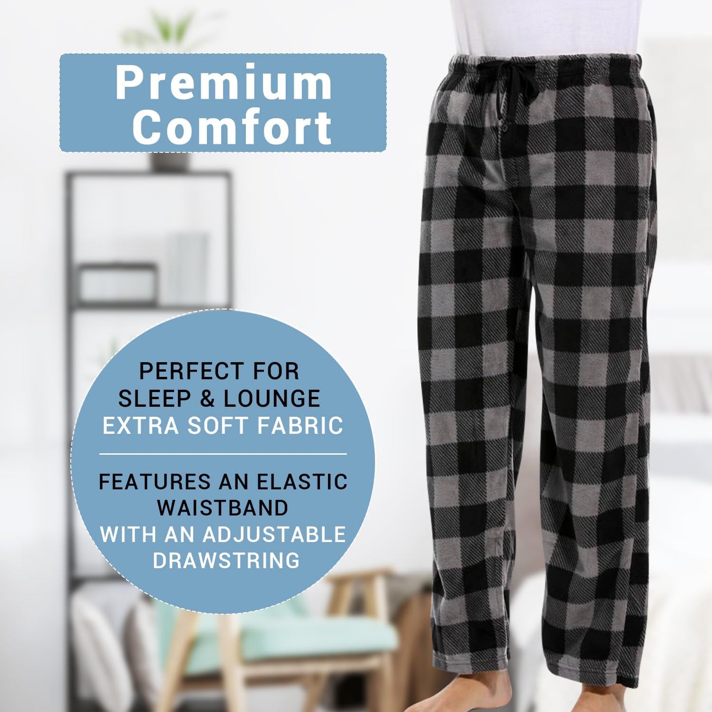 Men's Fleece Lounge Pajama Pants - Available in 1-Pack or 3-Pack, Plaid Sleepwear with Pockets and Microfleece Material