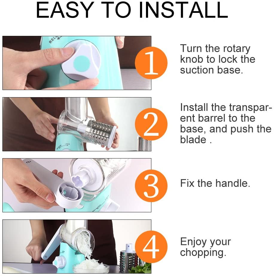 Manual Rotary Cheese Grater and Vegetable Slicer with Handle and Interchangeable Drum Blades, Blue