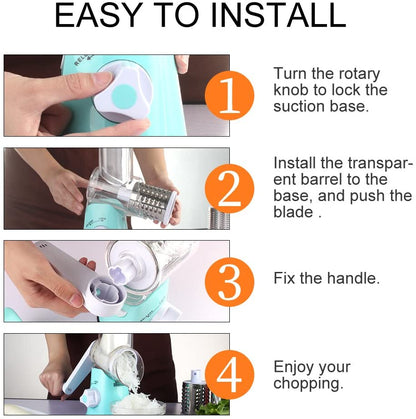 Manual Rotary Cheese Grater and Vegetable Slicer with Handle and Interchangeable Drum Blades, Blue