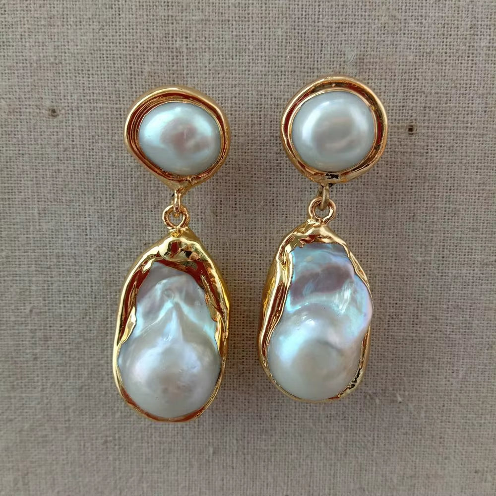 Luxury White Keshi Pearl & Gold Plated Stud Earrings - Nucleated Flameball Baroque Design for Elegant Weddings