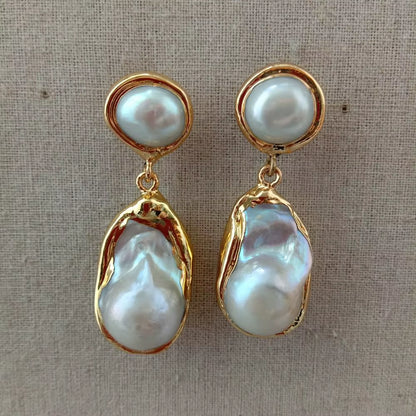Luxury White Keshi Pearl & Gold Plated Stud Earrings - Nucleated Flameball Baroque Design for Elegant Weddings