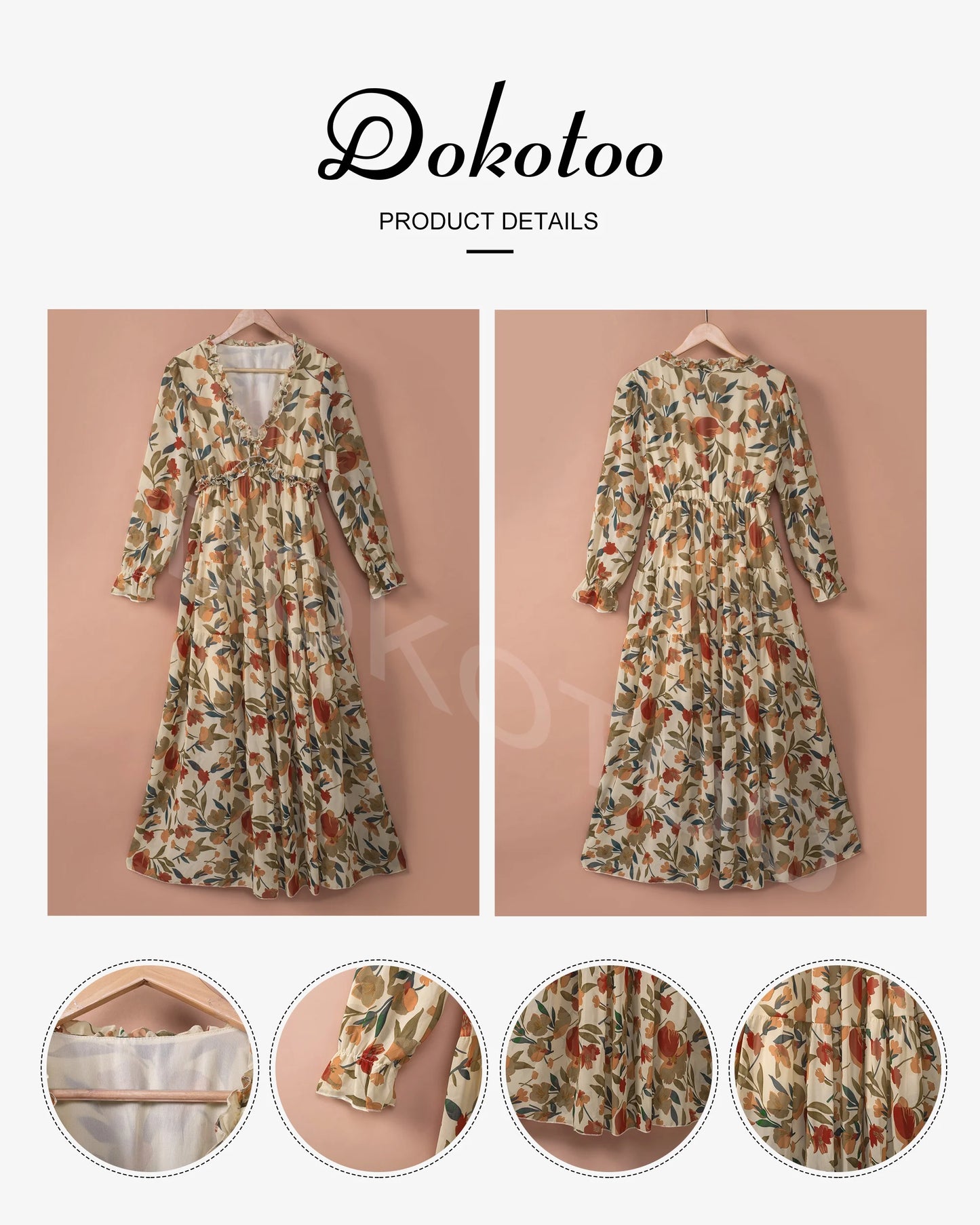 Elegant Floral Maxi Dress for Women - Deep V Neck Long Sleeve Evening & Cocktail Dress, Sizes US 12-14 (L)