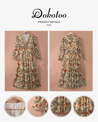 Elegant Floral Maxi Dress for Women - Deep V Neck Long Sleeve Evening & Cocktail Dress, Sizes US 12-14 (L)