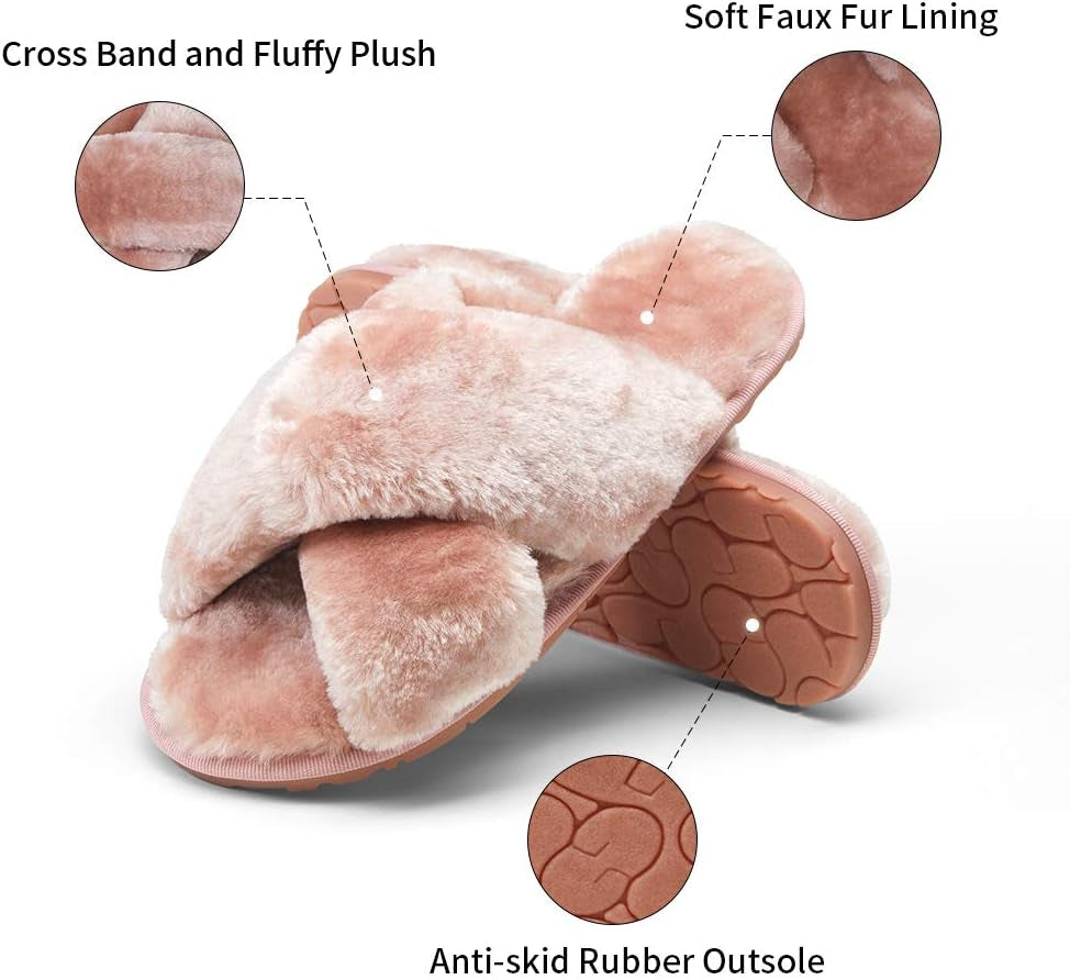 Women's 801 Cross Band Slippers - Soft Plush Furry Open Toe Slide-On House Shoes for Indoor and Outdoor Use