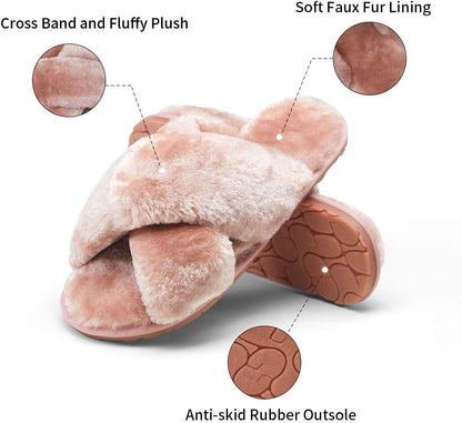 Women's 801 Cross Band Slippers - Soft Plush Furry Open Toe Slide-On House Shoes for Indoor and Outdoor Use