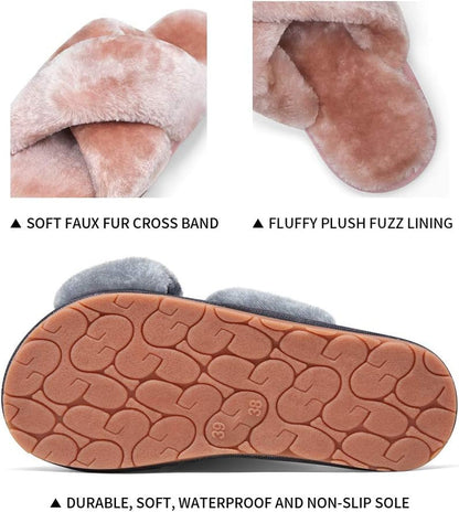 Women's 801 Cross Band Slippers - Soft Plush Furry Open Toe Slide-On House Shoes for Indoor and Outdoor Use