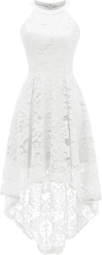 Halter Lace Wedding Guest Dress with Hi-Lo Hem for Women - Formal Cocktail Party and Bridesmaid Attire