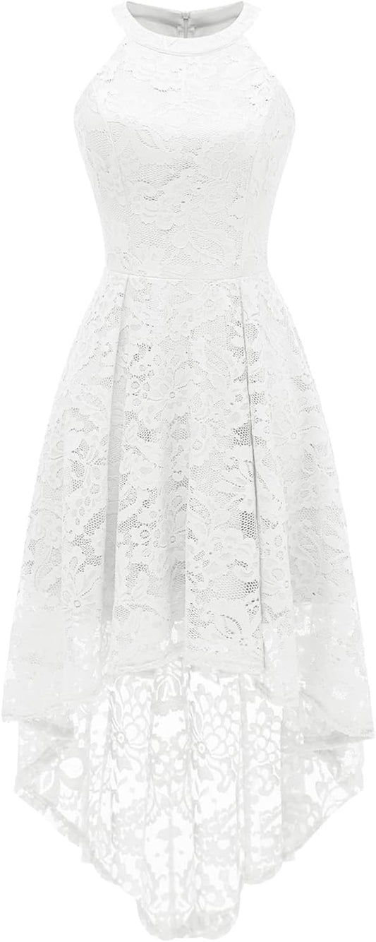 Halter Lace Wedding Guest Dress with Hi-Lo Hem for Women - Formal Cocktail Party and Bridesmaid Attire