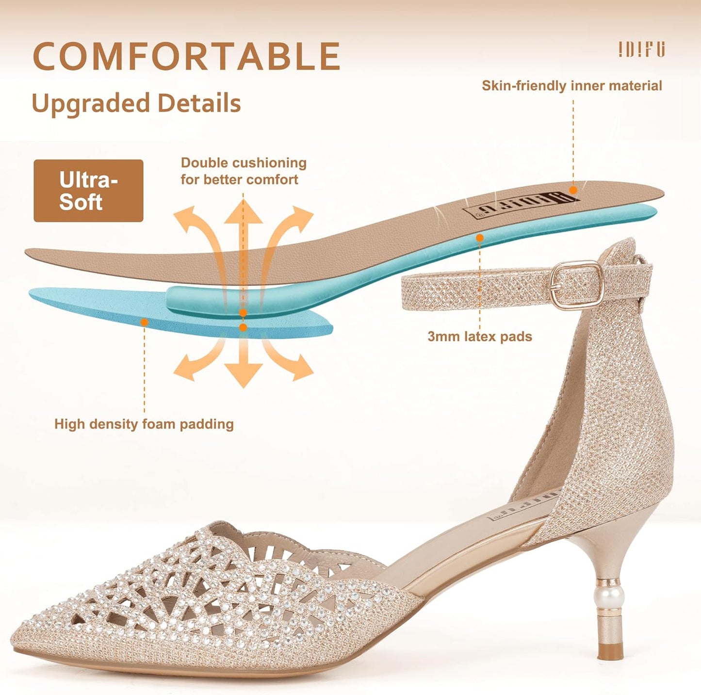 Women's Candice Wedding Pumps with Rhinestones and Sequins - Low Kitten Heels Evening Shoes for Brides