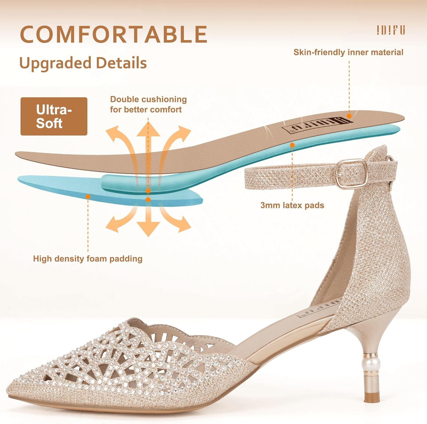 Women's Candice Wedding Pumps with Rhinestones and Sequins - Low Kitten Heels Evening Shoes for Brides