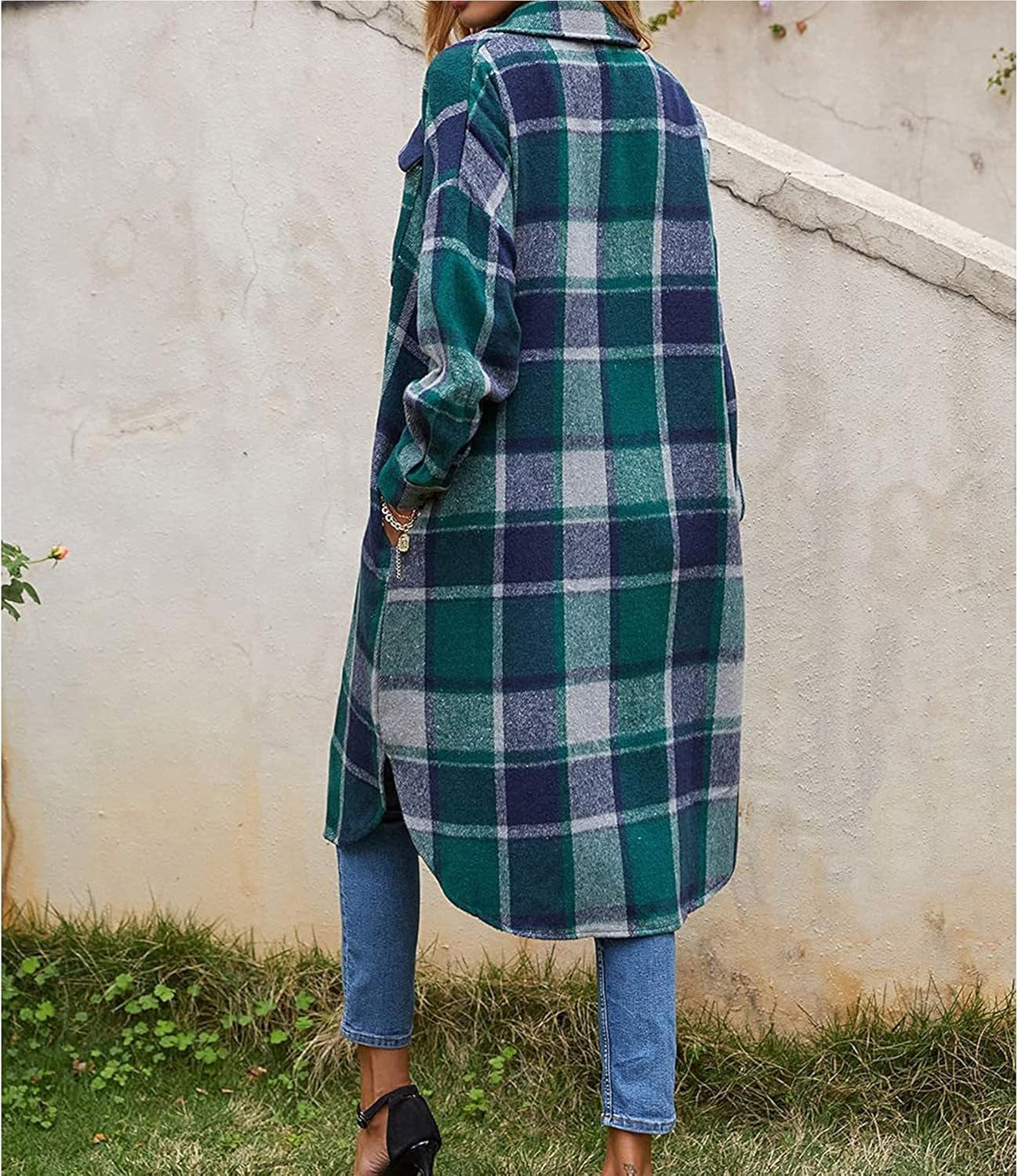 Women's Casual Wool Blend Plaid Button-Down Shirt Jacket with Pockets