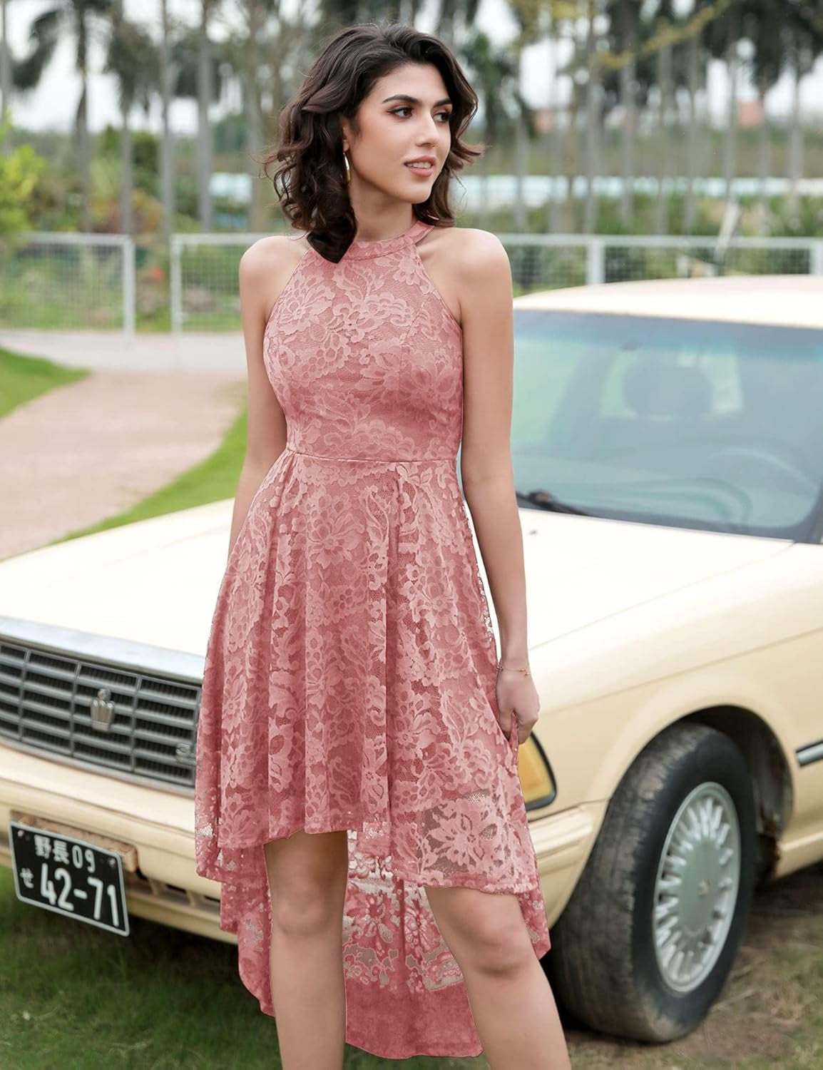 Women's Halter Lace Hi-Lo Cocktail Dress for Wedding Guests and Bridesmaids