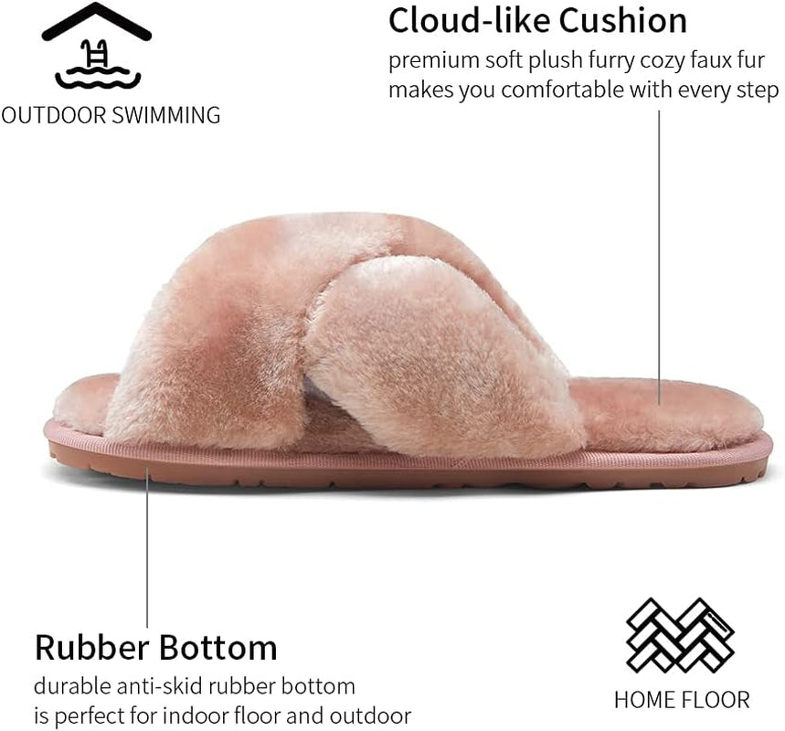 Women's 801 Cross Band Slippers - Soft Plush Furry Open Toe Slide-On House Shoes for Indoor and Outdoor Use