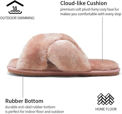 Women's 801 Cross Band Slippers - Soft Plush Furry Open Toe Slide-On House Shoes for Indoor and Outdoor Use