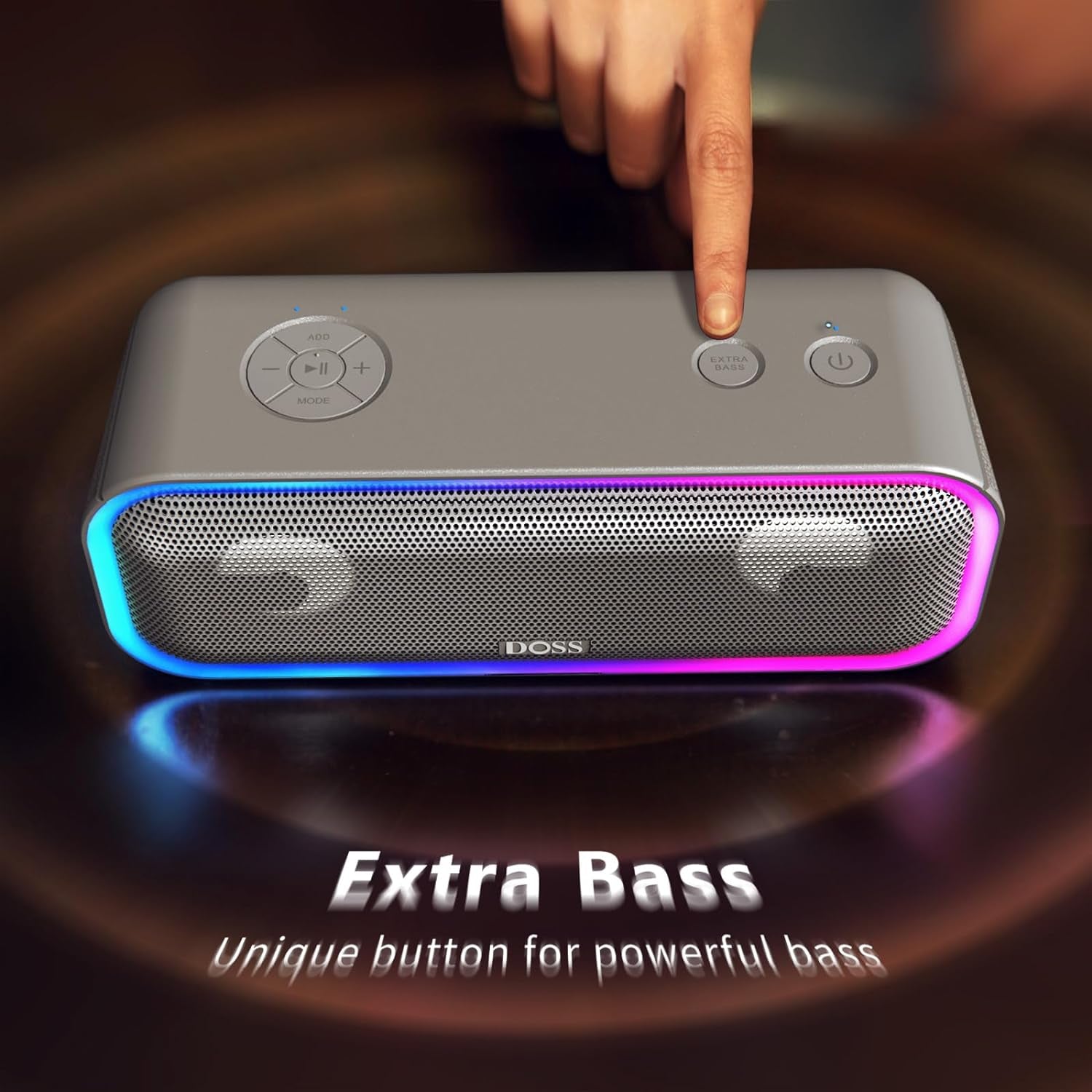 Soundbox Pro+ Bluetooth Speaker - 24W High-Performance Sound, Enhanced Bass, IPX6 Waterproof, 15 Hours Playtime, Wireless Stereo Pairing, Colorful LED Lights, 66 FT Range - Grey