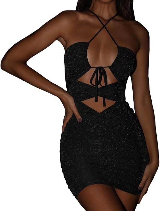 Women Sexy Sparkly Cutout Criss Cross Halter Mini Dress Sleeveless Ruched Bodycon Glitter Party Club Dress Black S