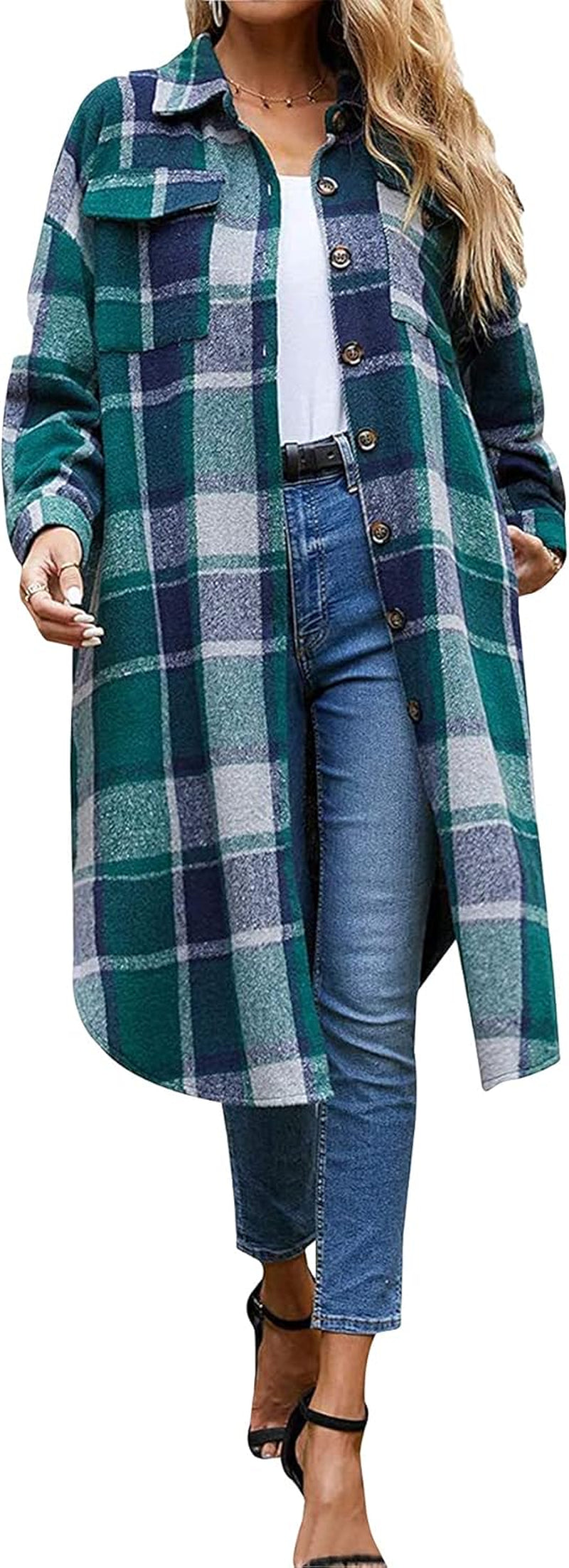 Women's Casual Wool Blend Plaid Button-Down Shirt Jacket with Pockets