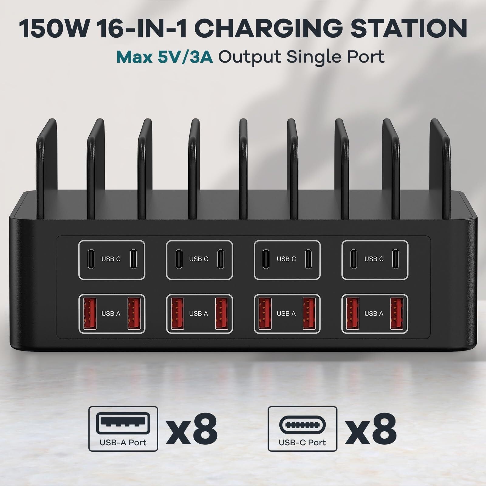 150W/35A Charging Station for Multiple Devices, 16 Port USB C Fast Charging S...