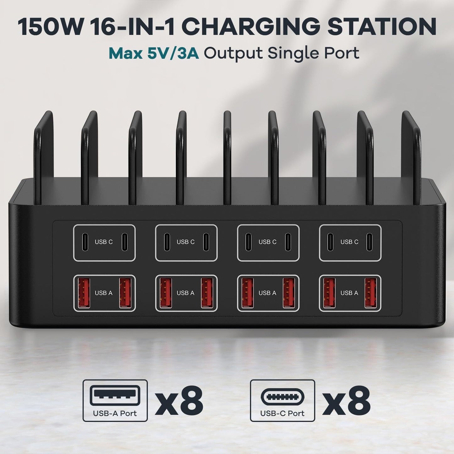 150W/35A Charging Station for Multiple Devices, 16 Port USB C Fast Charging S...