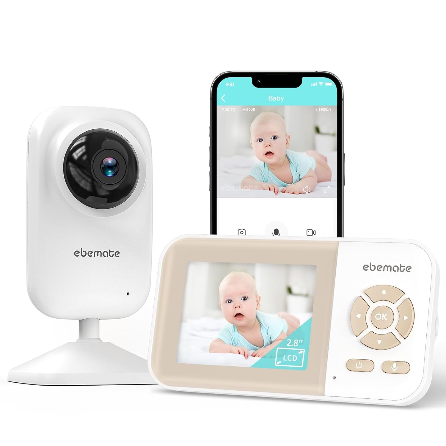 EBE28 Video Baby Monitor with 2.8" LCD Screen, Night Vision, Two-Way Audio, and 1200FT Range
