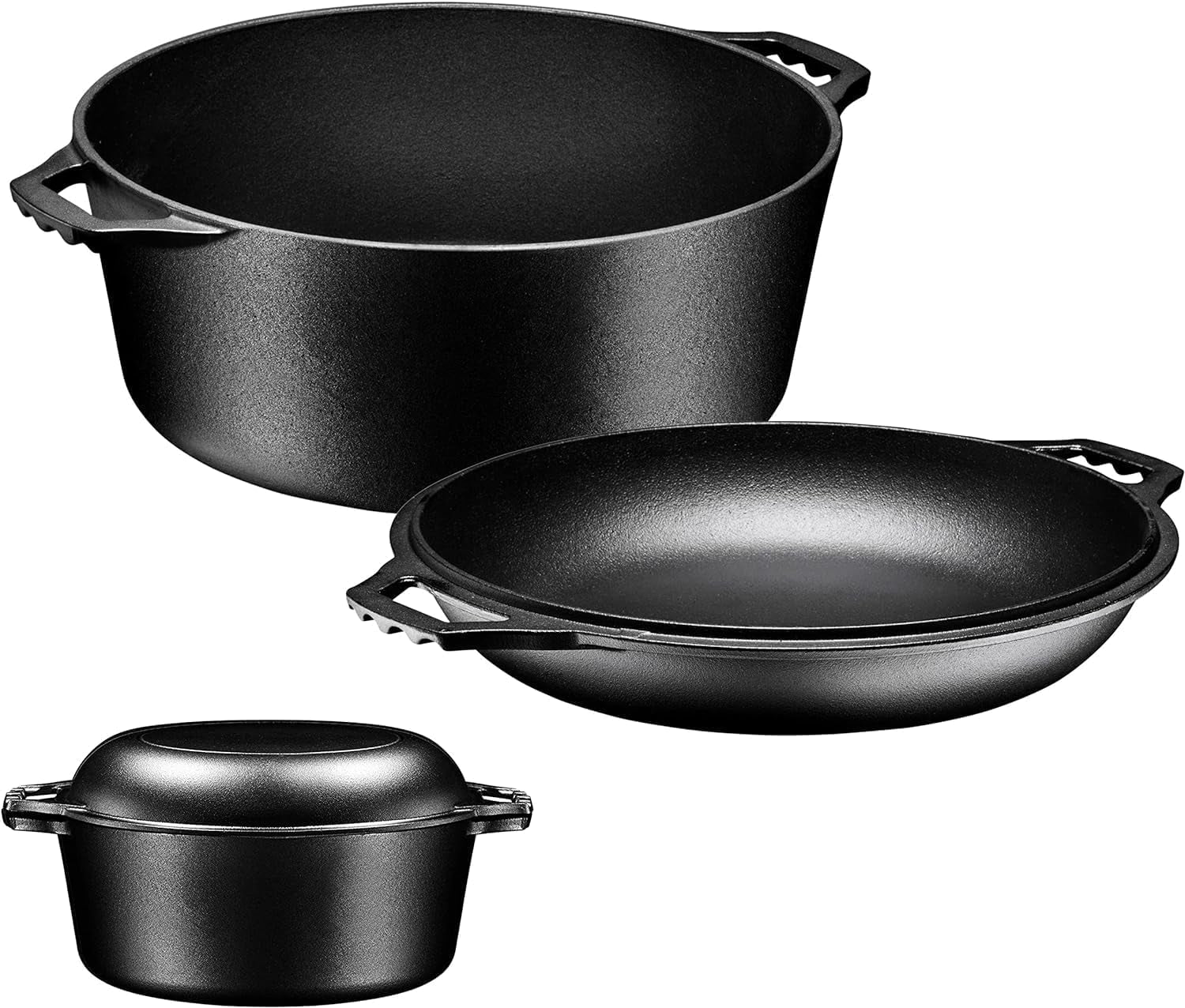 Pre-Seasoned 7-Quart Cast Iron Double Dutch Oven with Skillet Lid - Versatile Heavy-Duty Casserole and Braising Pan - Oven Safe Black Cookware - Dimensions: 14.7 x 6.9 Inches