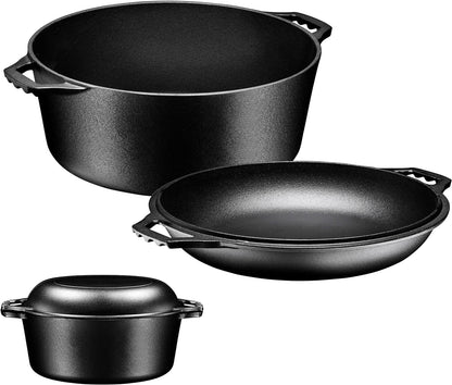 Pre-Seasoned 7-Quart Cast Iron Double Dutch Oven with Skillet Lid - Versatile Heavy-Duty Casserole and Braising Pan - Oven Safe Black Cookware - Dimensions: 14.7 x 6.9 Inches