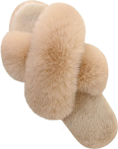 Women's Fuzzy Cross Band Slippers with Memory Foam - Comfortable Open Toe Indoor Footwear for Ladies