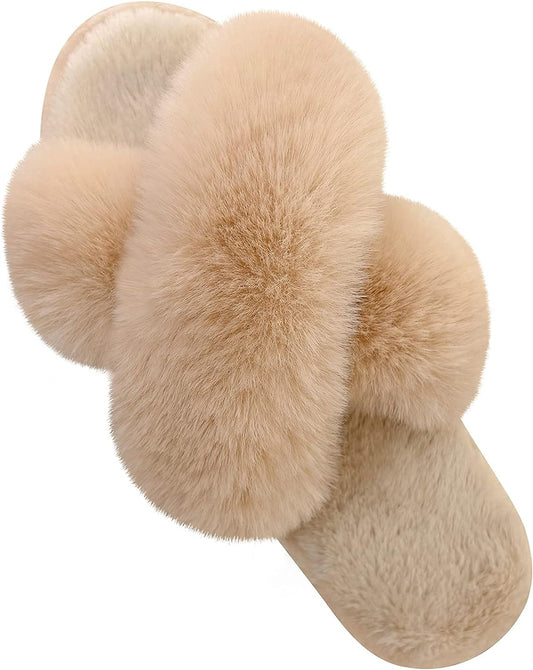 Women's Fuzzy Cross Band Slippers with Memory Foam - Comfortable Open Toe Indoor Footwear for Ladies
