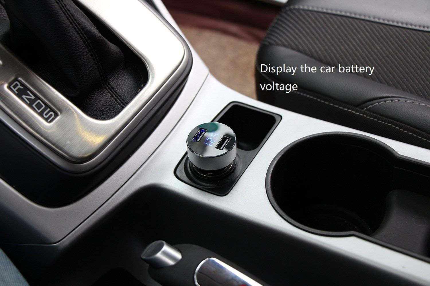 Dual USB Car Charger with 12V/24V Voltage Meter, 4.8A Output, Cigarette Lighter Plug Adapter for iPhone, iPad, Samsung, and Other USB Charging Devices, Silver