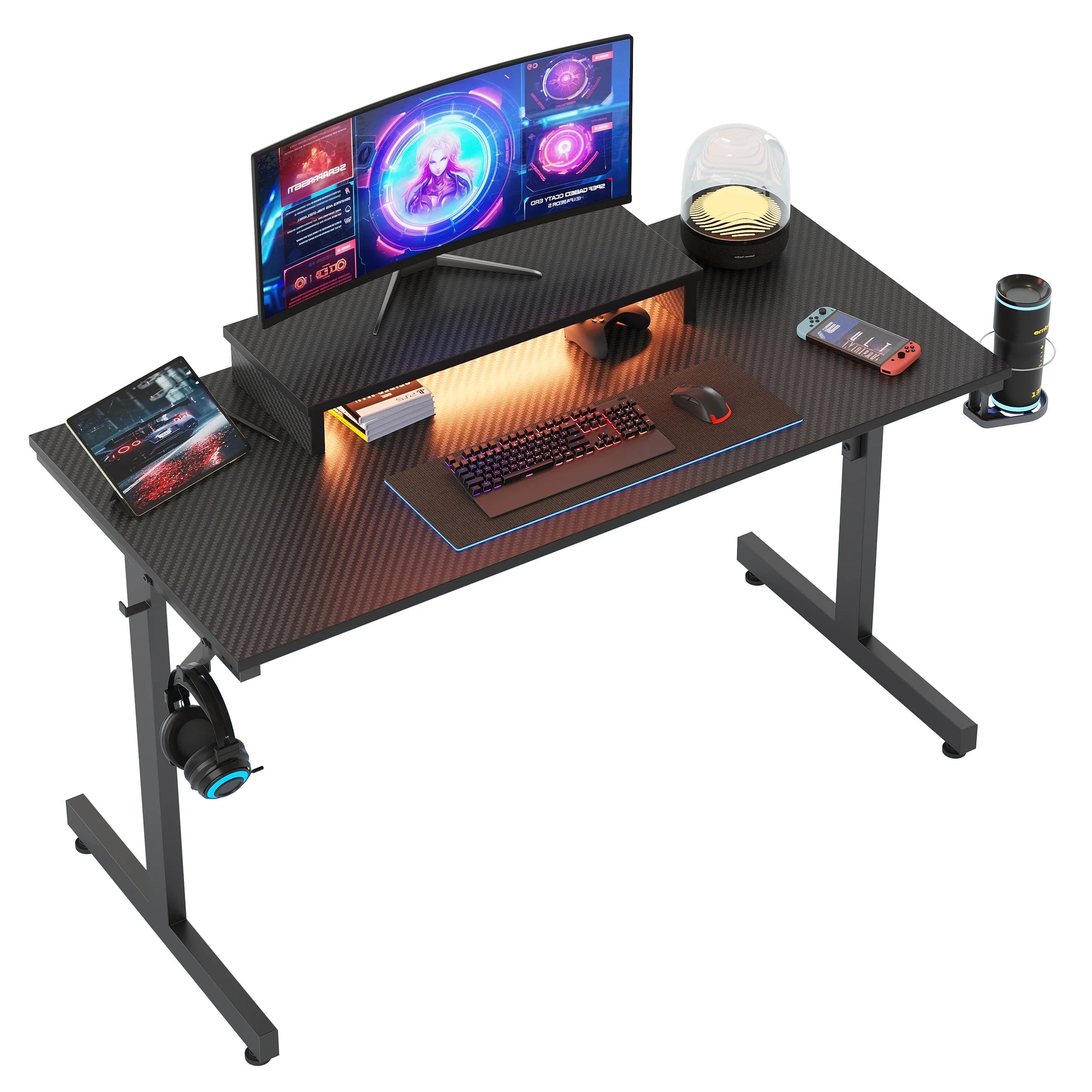 42" Gaming Desk with LED Lights, Monitor Stand, Headphone Hook & Cup Holder - Carbon Fiber Black