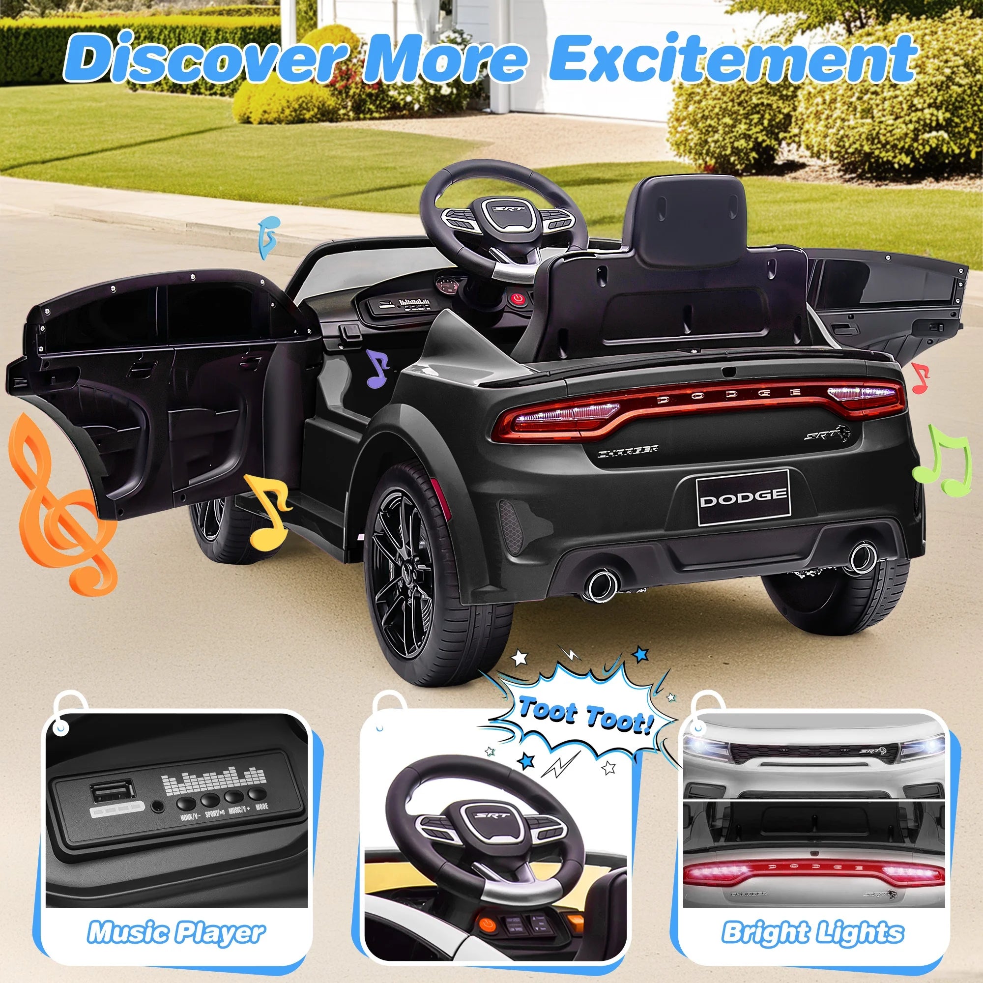 Dodge Charger SRT Hellcat 12V Electric Ride-On Car for Kids - Remote Control, Music Player, LED Lights, Safety Belt - Perfect for Boys Ages 3-5 - Black