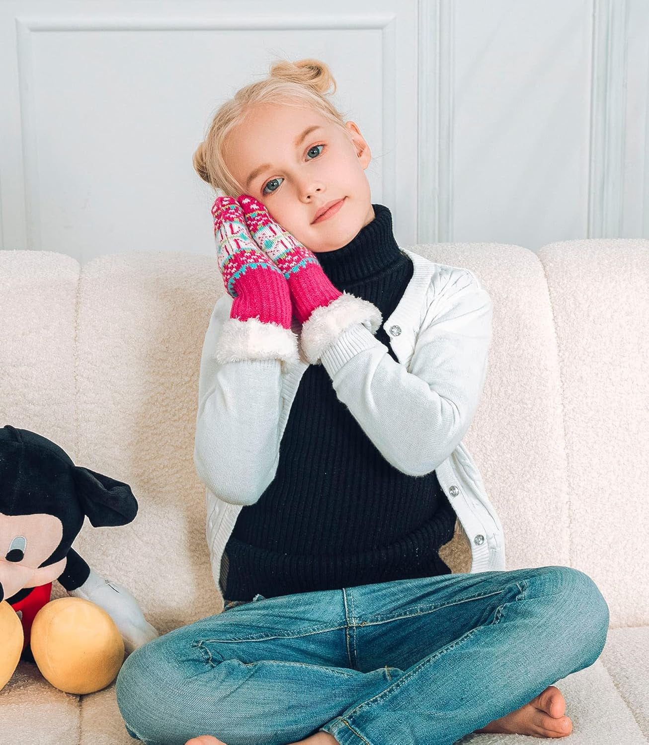 Kids' Sherpa-Lined Knit Mittens - Set of 3 Pairs for Boys and Girls Winter Gloves