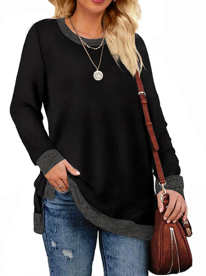 Stylish Color Block Long Sleeve Sweatshirt for Women - Side Split Tunic Top