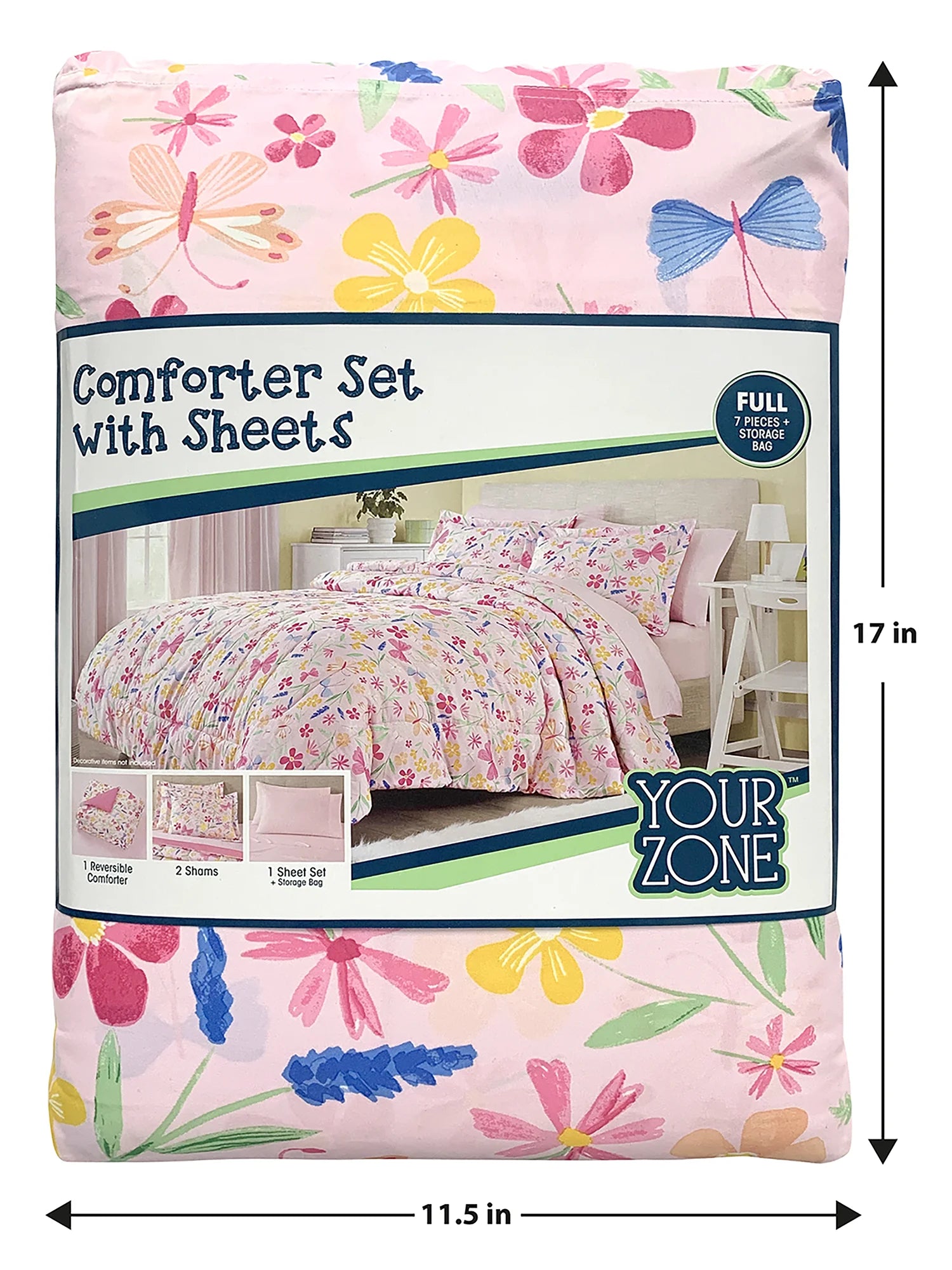 Pink Wildflower 7-Piece Bedding Set for Girls - Full Size