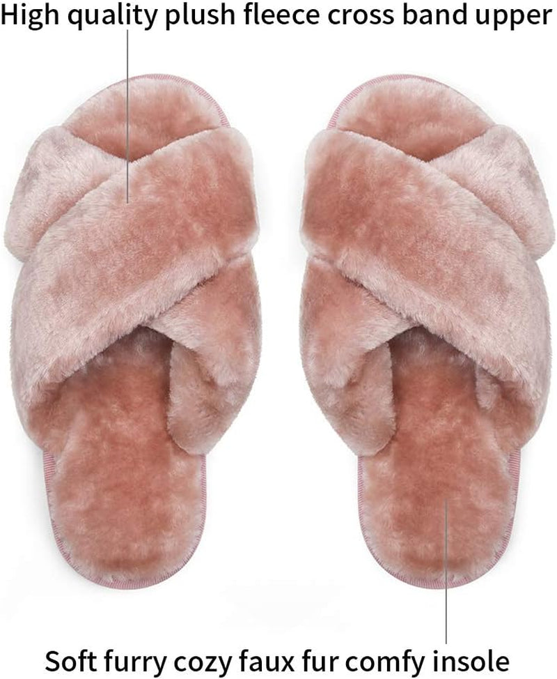Women's 801 Cross Band Slippers - Soft Plush Furry Open Toe Slide-On House Shoes for Indoor and Outdoor Use