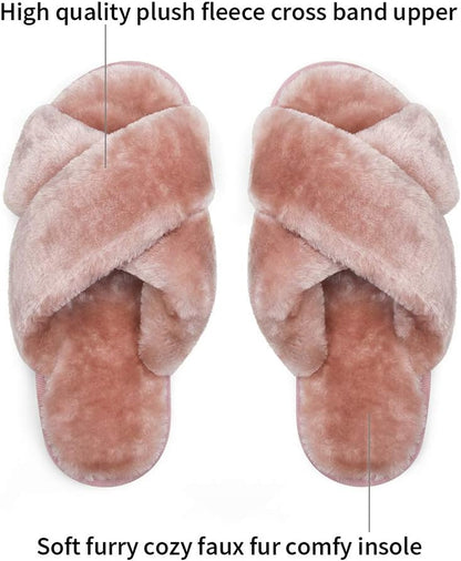 Women's 801 Cross Band Slippers - Soft Plush Furry Open Toe Slide-On House Shoes for Indoor and Outdoor Use